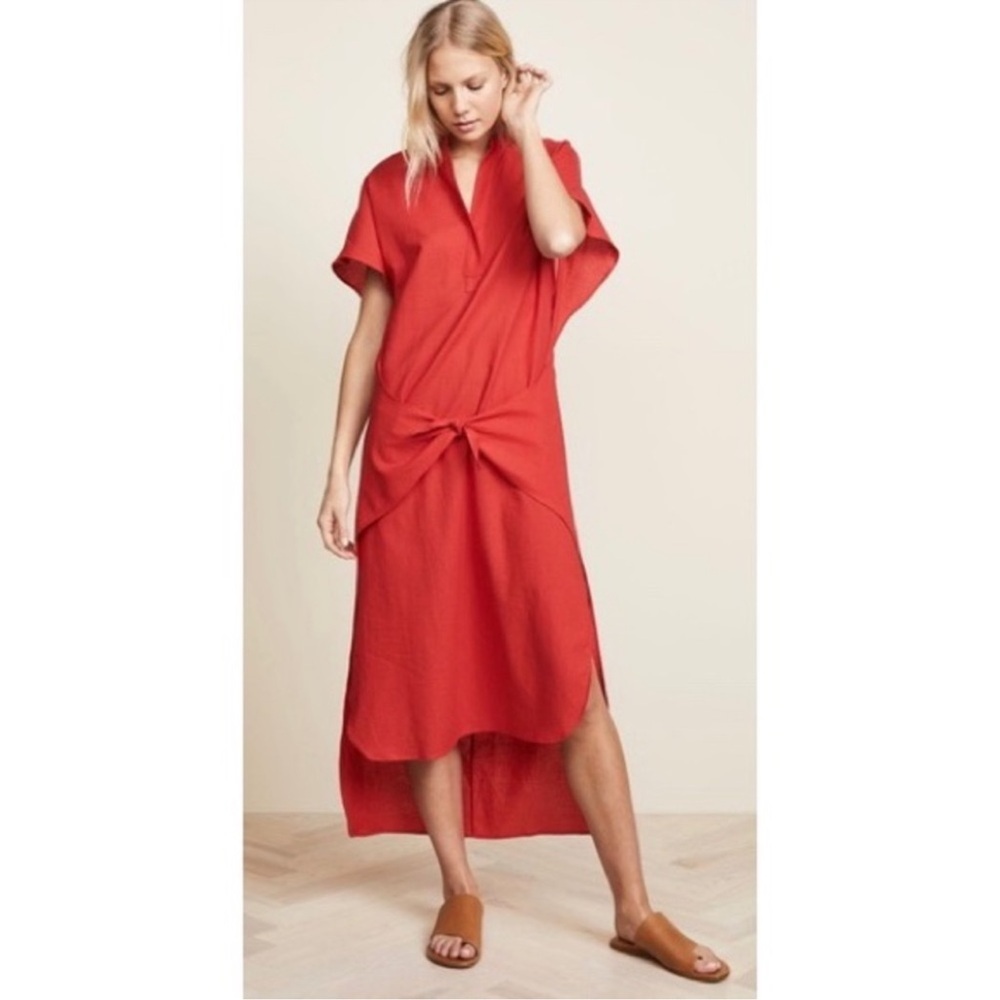 VINCE Red Poplin Tie Waist Split Neck Dress